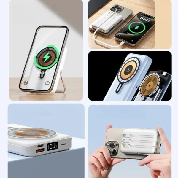 Wireless Magnetic Power Bank 20000mAh, Fast Charging, Portable, Built-in Cable, Three in One Durable Mobile Power Supply