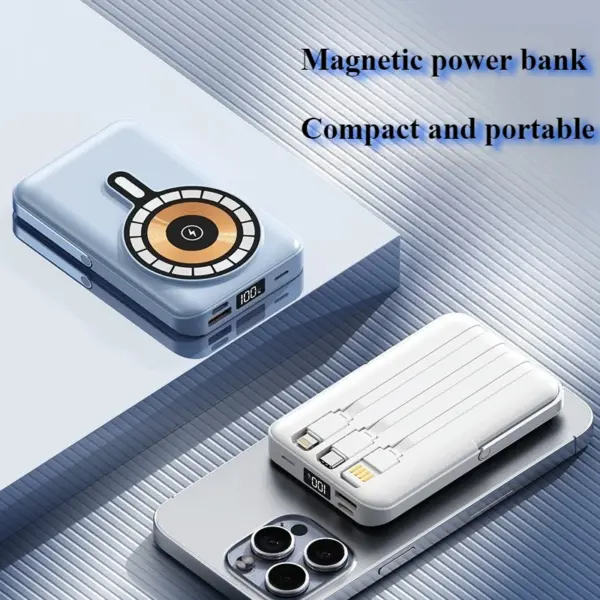 Wireless Magnetic Power Bank 20000mAh, Fast Charging, Portable, Built-in Cable, Three in One Durable Mobile Power Supply