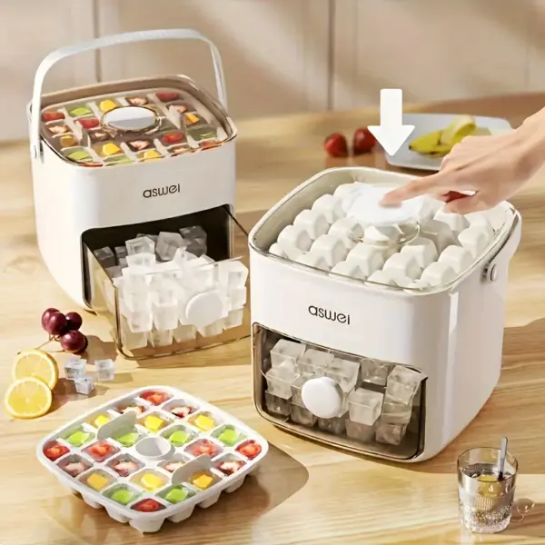 48-Cube Ice Maker with Easy Press Cap - Double Layer, Press Portable Design, Household Ice Storage Ice Box