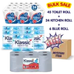 45 x Toilet Roll, 24 x  Kitchen Roll, 6 x Blue Roll + FREE Mystery Item , 3 PLY Flushable and Soft Toilet Roll (5 x9 Pack), 2PLY Durable and multi-purpose Kitchen roll/towel/sheets (5 x9 Pack), 2PLY Multi-Purpose Centre-feed Blue Rolls (1 x 6 Pack)