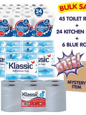 45 x Toilet Roll, 24 x  Kitchen Roll, 6 x Blue Roll + FREE Mystery Item , 3 PLY Flushable and Soft Toilet Roll (5 x9 Pack), 2PLY Durable and multi-purpose Kitchen roll/towel/sheets (5 x9 Pack), 2PLY Multi-Purpose Centre-feed Blue Rolls (1 x 6 Pack)