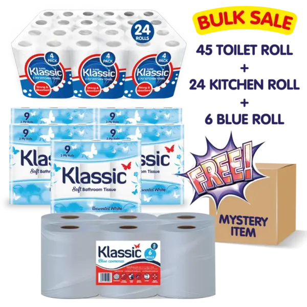 45 x Toilet Roll, 24 x  Kitchen Roll, 6 x Blue Roll + FREE Mystery Item , 3 PLY Flushable and Soft Toilet Roll (5 x9 Pack), 2PLY Durable and multi-purpose Kitchen roll/towel/sheets (5 x9 Pack), 2PLY Multi-Purpose Centre-feed Blue Rolls (1 x 6 Pack)