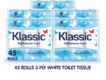 45 x Toilet Roll, 24 x  Kitchen Roll, 6 x Blue Roll + FREE Mystery Item , 3 PLY Flushable and Soft Toilet Roll (5 x9 Pack), 2PLY Durable and multi-purpose Kitchen roll/towel/sheets (5 x9 Pack), 2PLY Multi-Purpose Centre-feed Blue Rolls (1 x 6 Pack)