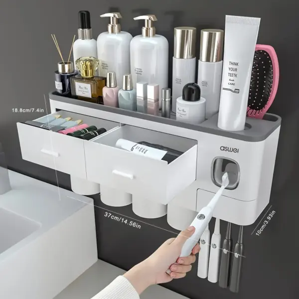 Toothbrush Holder Wall Mounted No-Drill – 2-in-1 Bathroom Organizer with Toothpaste Squeezer & Storage Rack