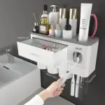 Toothbrush Holder Wall Mounted No-Drill – 2-in-1 Bathroom Organizer with Toothpaste Squeezer & Storage Rack