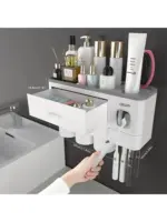 Toothbrush Holder Wall Mounted No-Drill – 2-in-1 Bathroom Organizer with Toothpaste Squeezer & Storage Rack