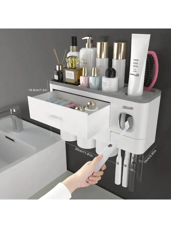 Toothbrush Holder Wall Mounted No-Drill – 2-in-1 Bathroom Organizer with Toothpaste Squeezer & Storage Rack