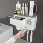 Toothbrush Holder Wall Mounted No-Drill – 2-in-1 Bathroom Organizer with Toothpaste Squeezer & Storage Rack