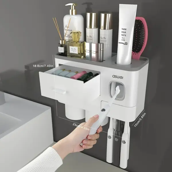 Toothbrush Holder Wall Mounted No-Drill – 2-in-1 Bathroom Organizer with Toothpaste Squeezer & Storage Rack