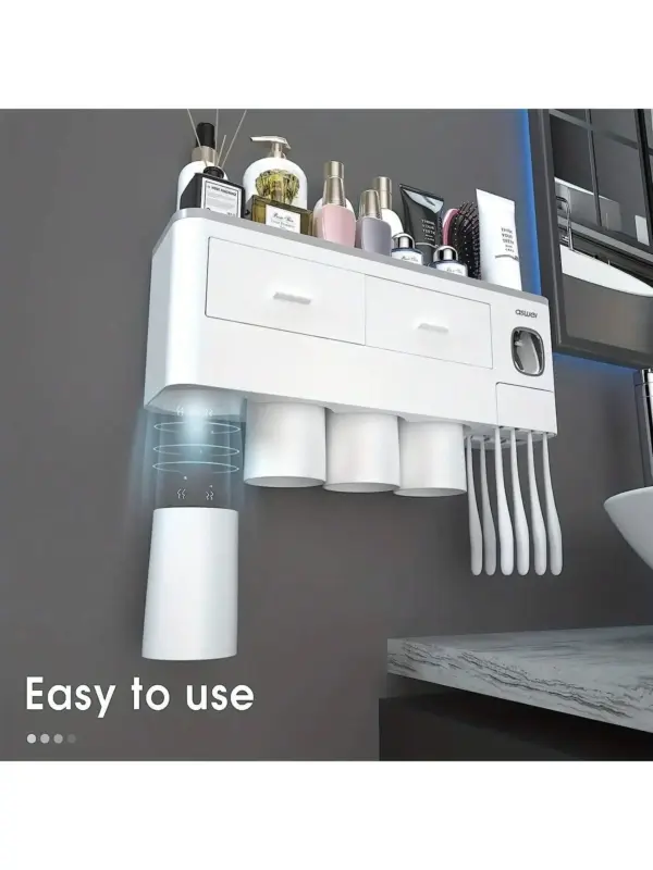 Toothbrush Holder Wall Mounted No-Drill – 2-in-1 Bathroom Organizer with Toothpaste Squeezer & Storage Rack