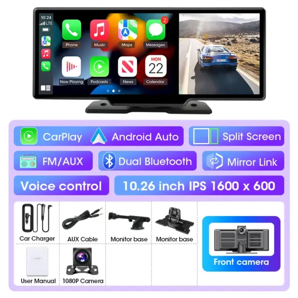 11.26 inch Dash Cam 4K Car DVR Wireless Carplay & Android Auto GPS Navigation Video Recorder Dashboard Dual Lens Wifi FM AUX