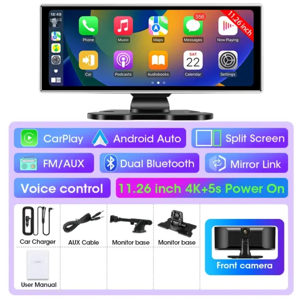 11.26 inch Dash Cam 4K Car DVR Wireless Carplay & Android Auto GPS Navigation Video Recorder Dashboard Dual Lens Wifi FM AUX