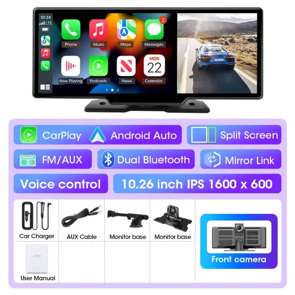 11.26 inch Dash Cam 4K Car DVR Wireless Carplay & Android Auto GPS Navigation Video Recorder Dashboard Dual Lens Wifi FM AUX