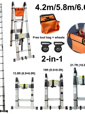 Telescopic Ladder Aluminium 6.6m/4.2m 13.8ft 22ft  A-Frame Folding Portable Multi-Purpose Ladder with EN131 Certified Load 150kg