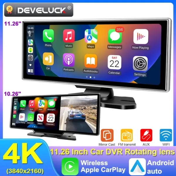 11.26 inch Dash Cam 4K Car DVR Wireless Carplay & Android Auto GPS Navigation Video Recorder Dashboard Dual Lens Wifi FM AUX